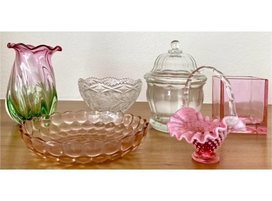 Assorted Glassware Lot Including Fenton Cranberry Hobnail Basket And Watermelon Glass Vase And More