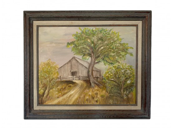 Vintage Original Painting On Board Of Pastoral Barn With Trees