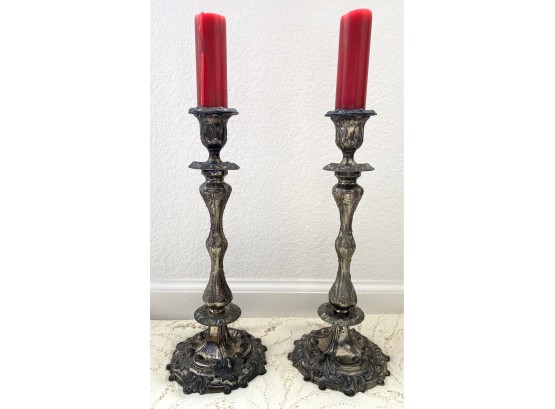 Ornate Silverplate Pair Of Candleholders