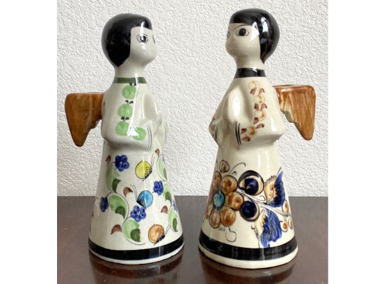 (2) Handpainted Mexico Pottery Angel Candle Holders Signed
