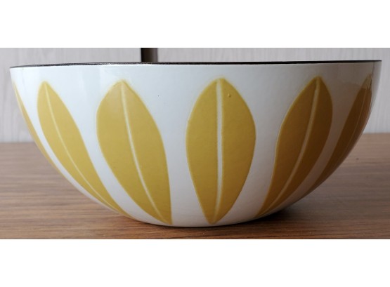 Mid Century Modern Metal Enameled Bowl With Yellow Leaf Decor