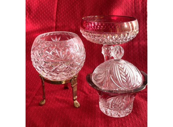 Three Crystal Dishes One Covered Candy, Two Open With Red Rim And A Brass Stand