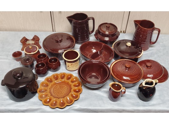 USA Brown Stoneware Assorted Lidded Casseroles And Pitchers Some Marcrest & Hull