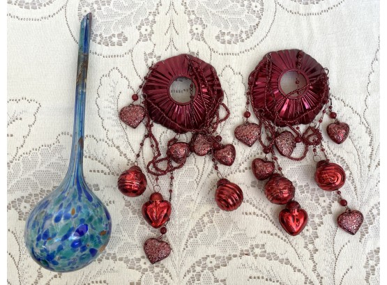 Antique Red Glass Holiday Candle Inserts And An Art Glass Aqua Globe Watering Stake