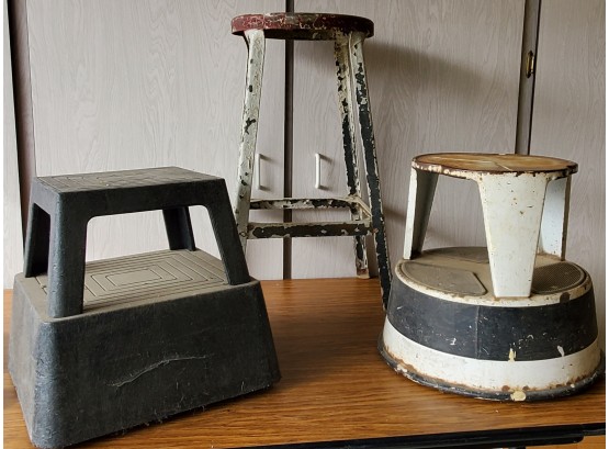 Three Vintage Step Stools, Two Metal One Plastic Two Smaller With Wheels