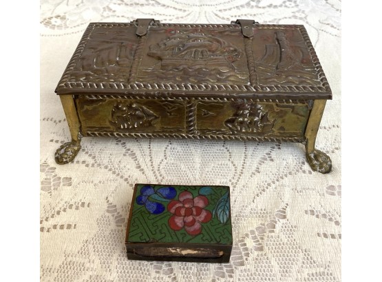 Vintage Brass Footed Trinket Box With A Cloisonne Floral Match Box Holder