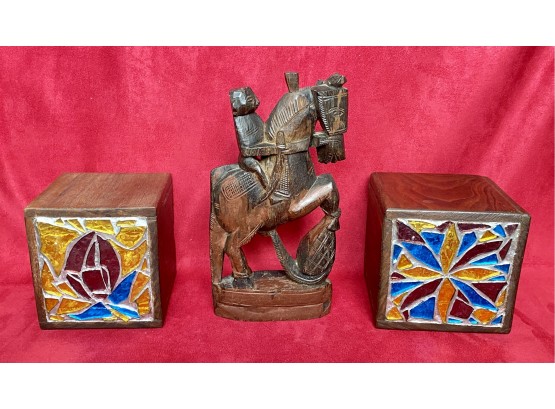 Two Wooden Mosaic Glass Bookends And A Hand Carved Horse Statue