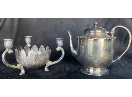 Silverplate Teapot And Candle Holder