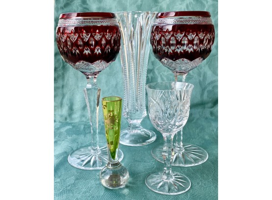 Art Nouveau Hand Painted Bud Vase, Red Crystal Goblets, Crystal Vase And Small Aperitif Crystal Glass