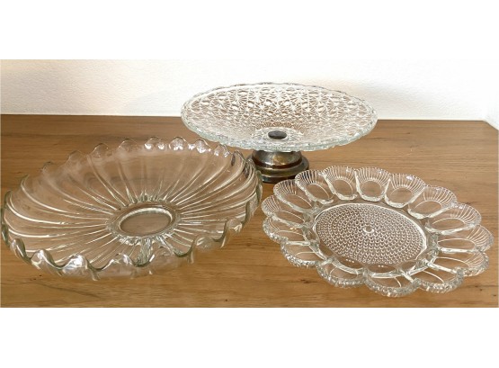 (3) Glass Serving Dishes Incl. Silverplate Footed Compote, Egg Dish And Serving Dish.