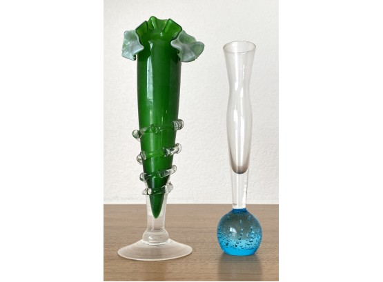 Art Glass Green Ruffled Vase And Blue Controlled Bubble Vase