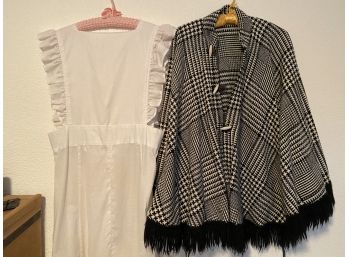 Lovely Vintage Maxi Pinafore Apron Dress And Black And White Wool Plaid Cape With Fringe