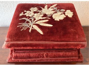 Red Velvet Antique Jewelry Box With Celluloid Flowers, Metal Handles And Clasp