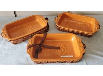 (3) Orange Pumpkin Casseroles In Handled Wicker Serving Baskets, New With Tags