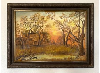 Great Fall Colors Sunset Scene Of Homestead With Trees Signed Hazel Weems