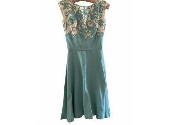 1960's Teal Blue And Linen Party Dress With White Thread Embroidery