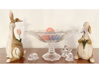 Large Crystal Bowl With Pier One Colored Marble Eggs, 3 Small Bunnies And Two Brown Resin Bunnies
