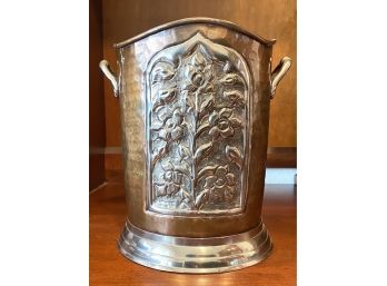 Metal Floral Etched Handled Urn Copper Tone With Silver Tone Flowers