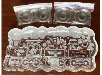 Three Gorham Germany Crystal North Pole Express Serving Trays With Holiday Wax Trays For Candles