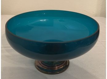Stunning Gorham Sterling Silver Base Large Teal Glass Serving Bowl