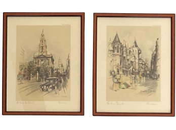 Antique Etching Pair By Marjorie Bartes London Including The Law Courts And St. Mary