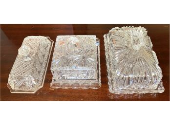 Three Vintage Covered Crystal Butter Or Cheese Dishes One Starburst Pattern