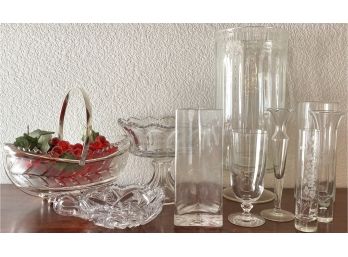 Large Collection Of Crystal And Glass Serving Pieces Including Vases, Compotes, Basket & Large Trifle Bowl