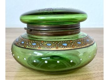 Antique Green Czech Hand Painted Enamel Dresser Jar