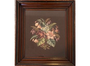 Framed Needlepoint Embroidery Flower Bouquet On Maroon Background