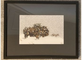 Framed Clint Stokes 2009 Unsigned Print Of Bison And Coyote In Falling Snow