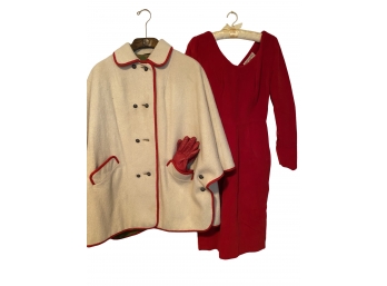 Red Velvet 1950's-60s Wiggle Dress By Ruth Williamson And Red And Cream Cape With Gloves