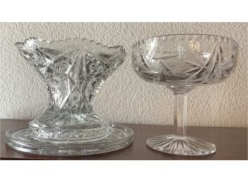 3 Piece Starburst Pattern Crystal Compote, Bowl And Serving Tray