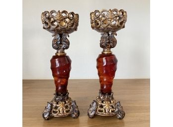 2 Amber Colored Resin Candle Holders