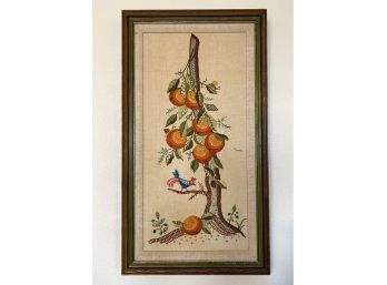 Great Mid Century Orange Tree Of Life Embroidery Panel With Bird, Snail And Oranges