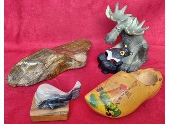 Wooden Clog From Holland, A Bear And Moose Cuddling, Near Rock And Marble Whale