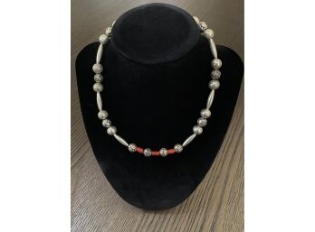 Sterling Silver Pearl Choker With Coral Beads