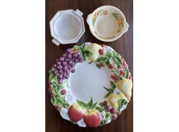 Colorful Fruit Serving Dish And 2 Vintage Bowls