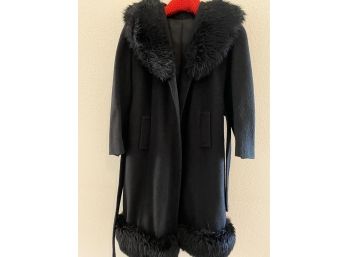 Black Belted Wool Coat With Shearling Collar And Trim