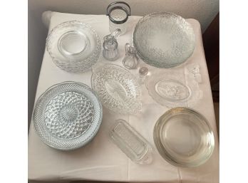 Large Collection Of Vintage Glassware Pattern Plates, Divided Dish, Cruet, Butter & Rogers Bros Basket