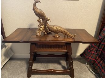 Solid Wood Drop Leaf Folding Side Table With Gold Peacocks
