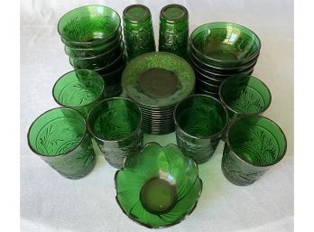 Large Lot Of Green Colored Glassware Including Small Plates Small Bowls And Cups