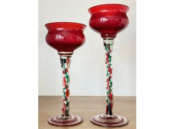 Green & Red Twist Made In Poland Glass Candle Holders