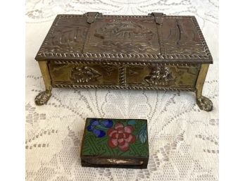 Vintage Brass Footed Trinket Box With A Cloisonne Floral Match Box Holder