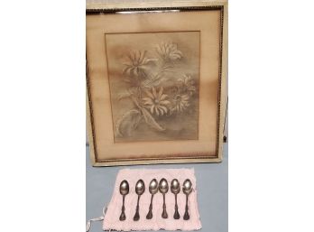 Antique Pencil Drawing In Frame With 6 Demitasse Spoons Silver Plate WM Rogers