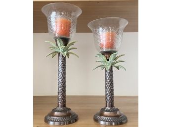(2) Bronze Tone Metal Palm Tree Candle Holders