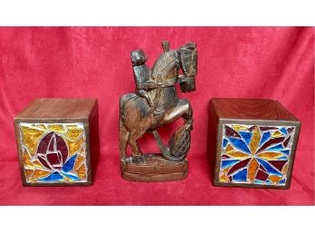 Two Wooden Mosaic Glass Bookends And A Hand Carved Horse Statue