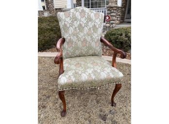 Carved Wood Upholstered Chair With Nail Head Trim