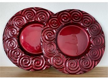 (2) 2006 Red Glass Christmas Swirl Platters