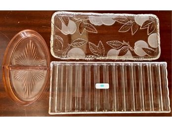 Two Crystal Serving Dishes Including A Katharinen Hutte Plus A Pink Depression Glass Divided Dish