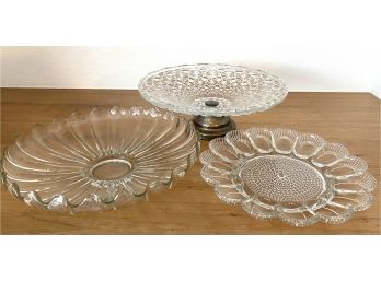 (3) Glass Serving Dishes Incl. Silverplate Footed Compote, Egg Dish And Serving Dish.